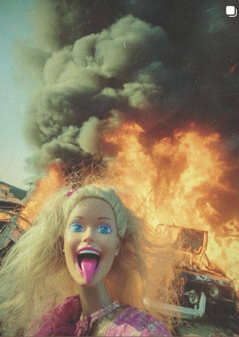 Foto Engraçada para Perfil de Boneca com Incêndio ao Fundo