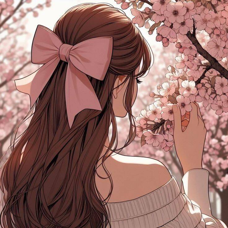Foto Para Perfil Bonita e Fofa com Cabelo Longo e Laço Rosa entre Flores de Cerejeira
