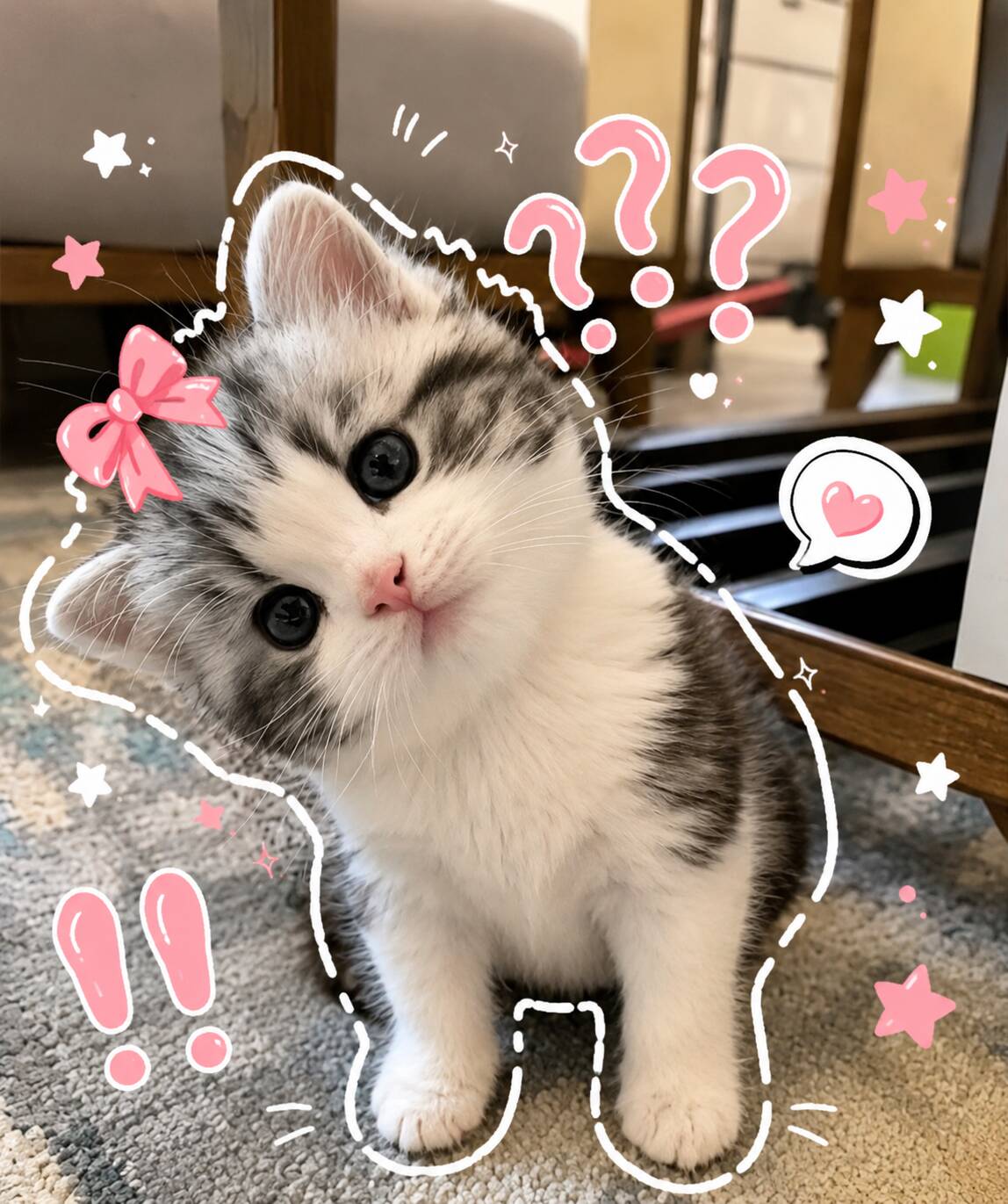 Foto de perfil de lindo gatito con lazo rosa y ojos grandes