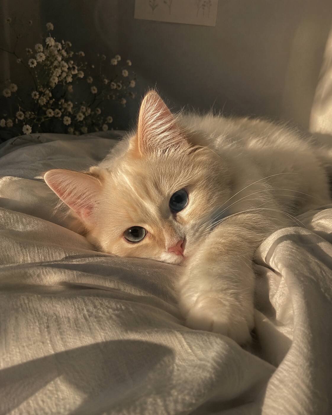 Foto de perfil de un lindo gato relajándose con ojos azules