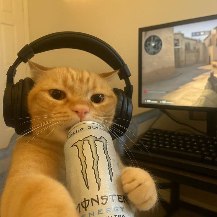 Foto de perfil de gato gracioso con auriculares y bebida