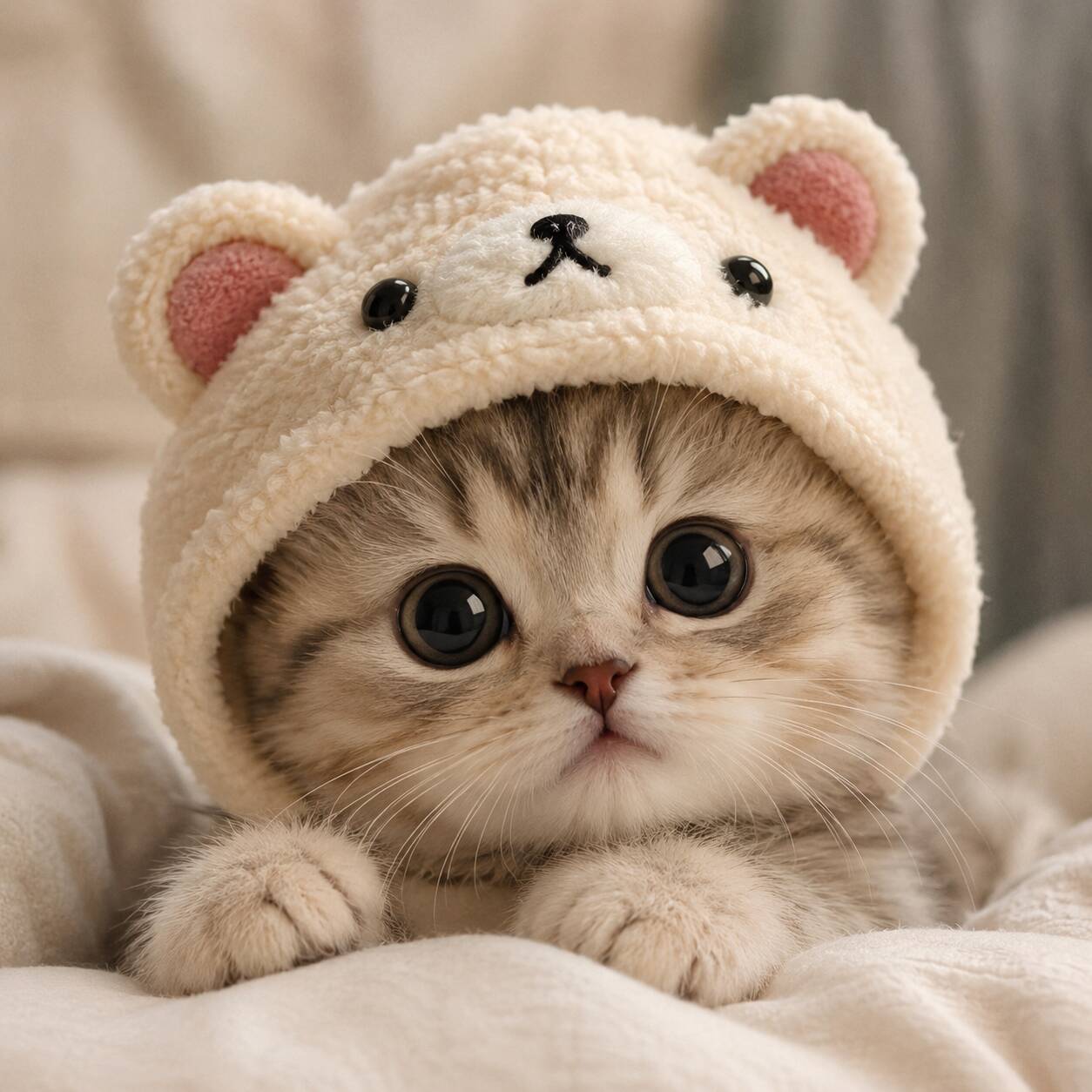 Photo de profil d'un chaton mignon avec un chapeau d'ours