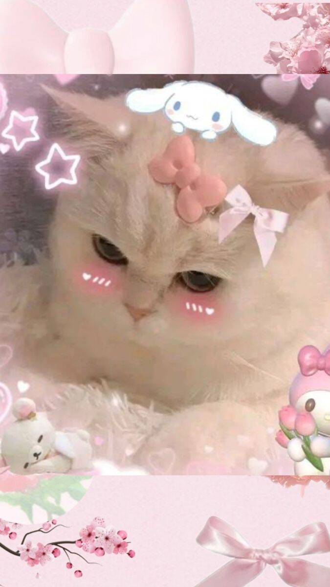 Photo de profil d'un chat mignon avec un nœud rose et des effets Aesthetics