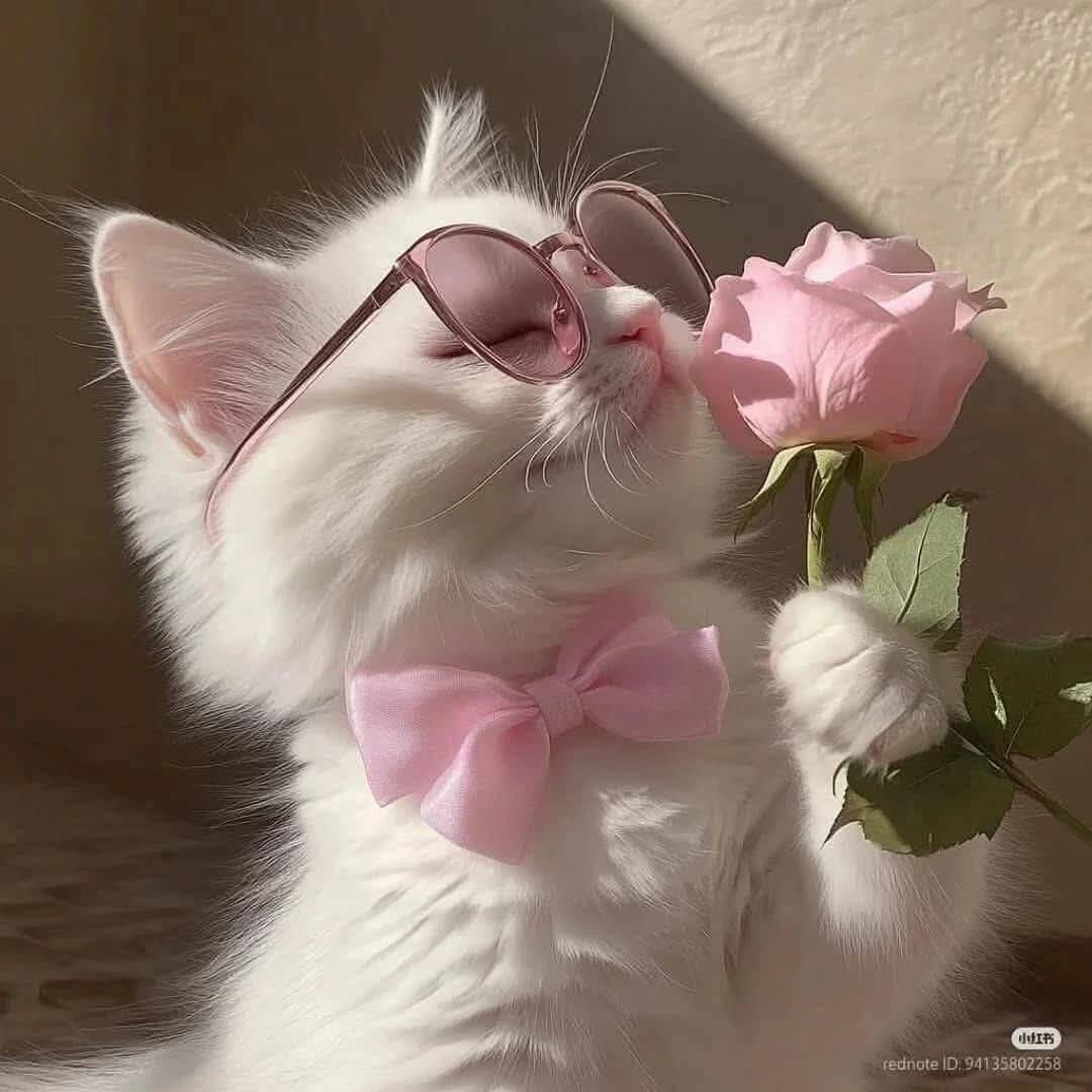 Foto de Perfil de Gato Fofo com Óculos de Sol e Rosa
