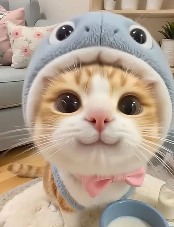 Foto de perfil de lindo gatito con sombrero de tiburón