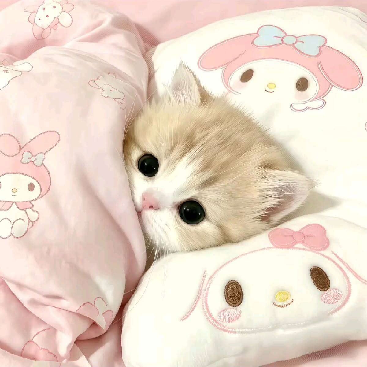 Foto de perfil de lindo gatito con ojos grandes en una cama rosa