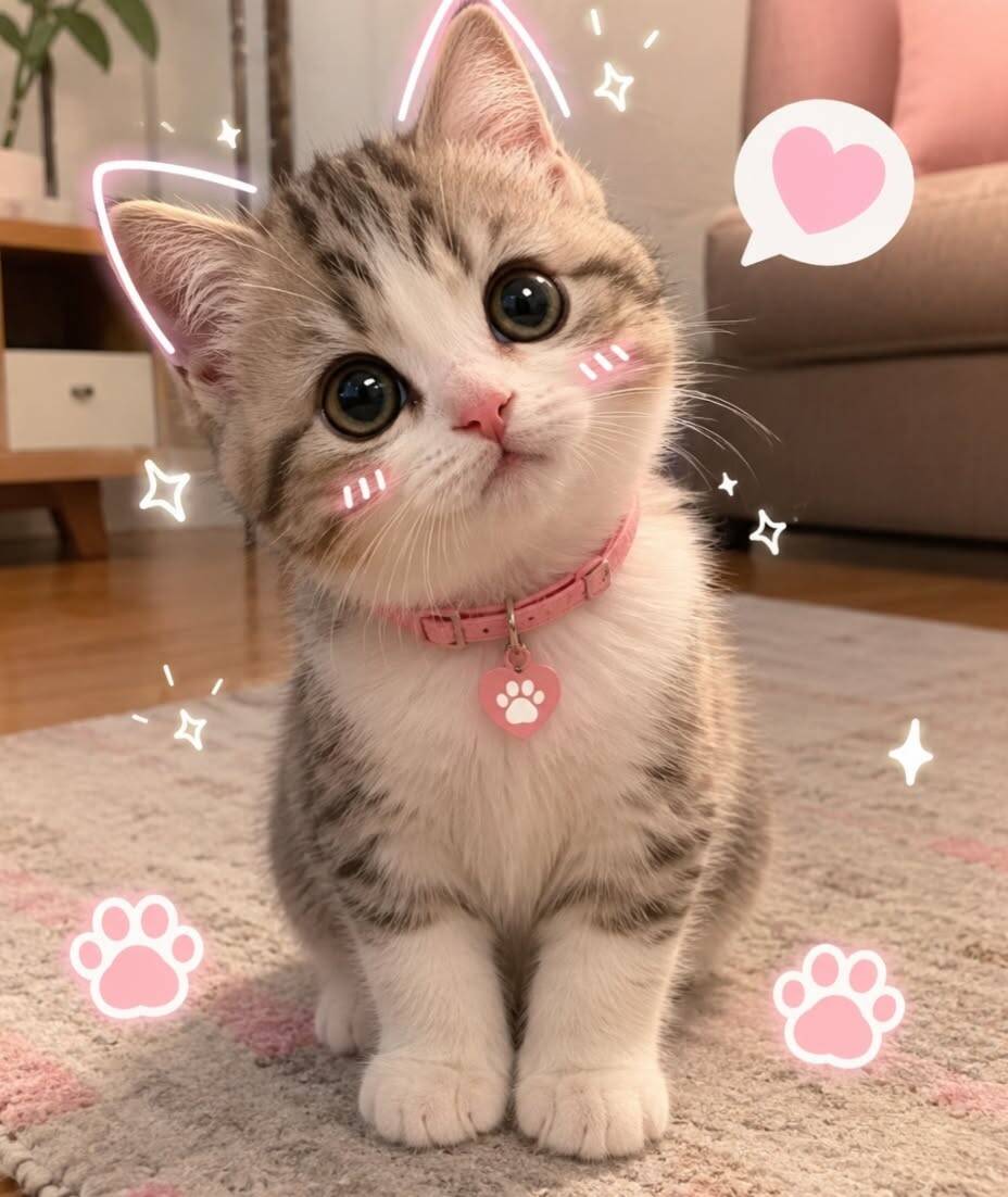 Foto de perfil de lindo gatito con ojos grandes y collar rosa