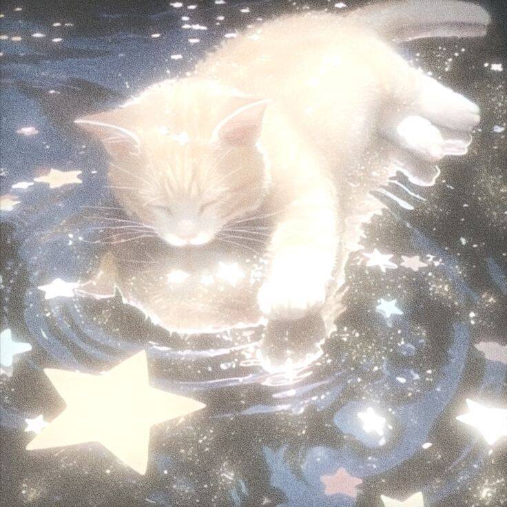 Foto de perfil de un lindo gato durmiendo en un mar de estrellas