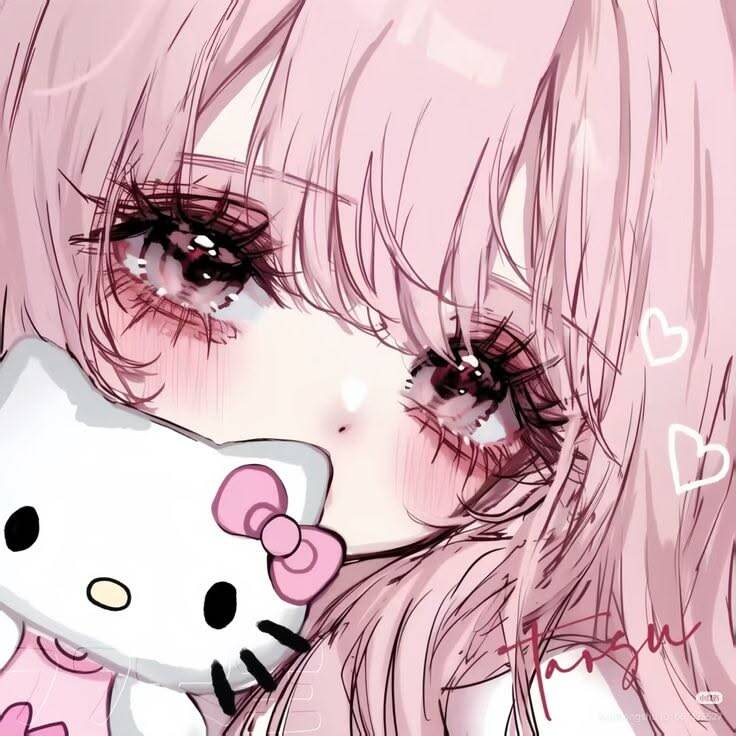 Foto de perfil de la linda Hello Kitty con cabello rosado y oso