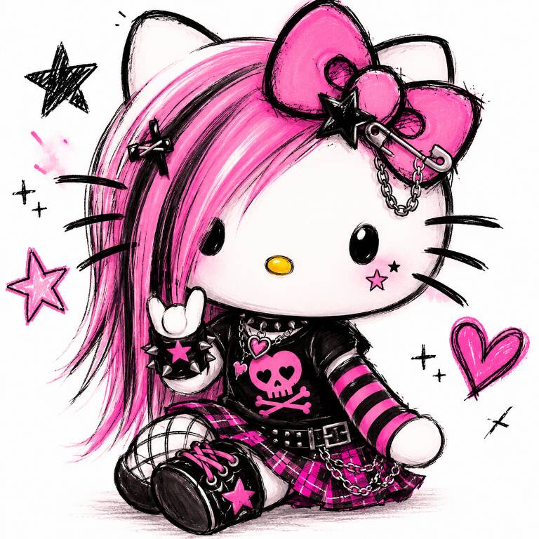 Pfp Profile Picture of Stylish Hello Kitty with Pink Hair and Stars