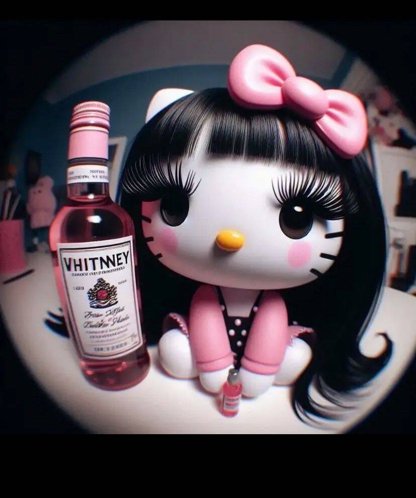 Foto de perfil de la linda Hello Kitty con lazo rosa y botella