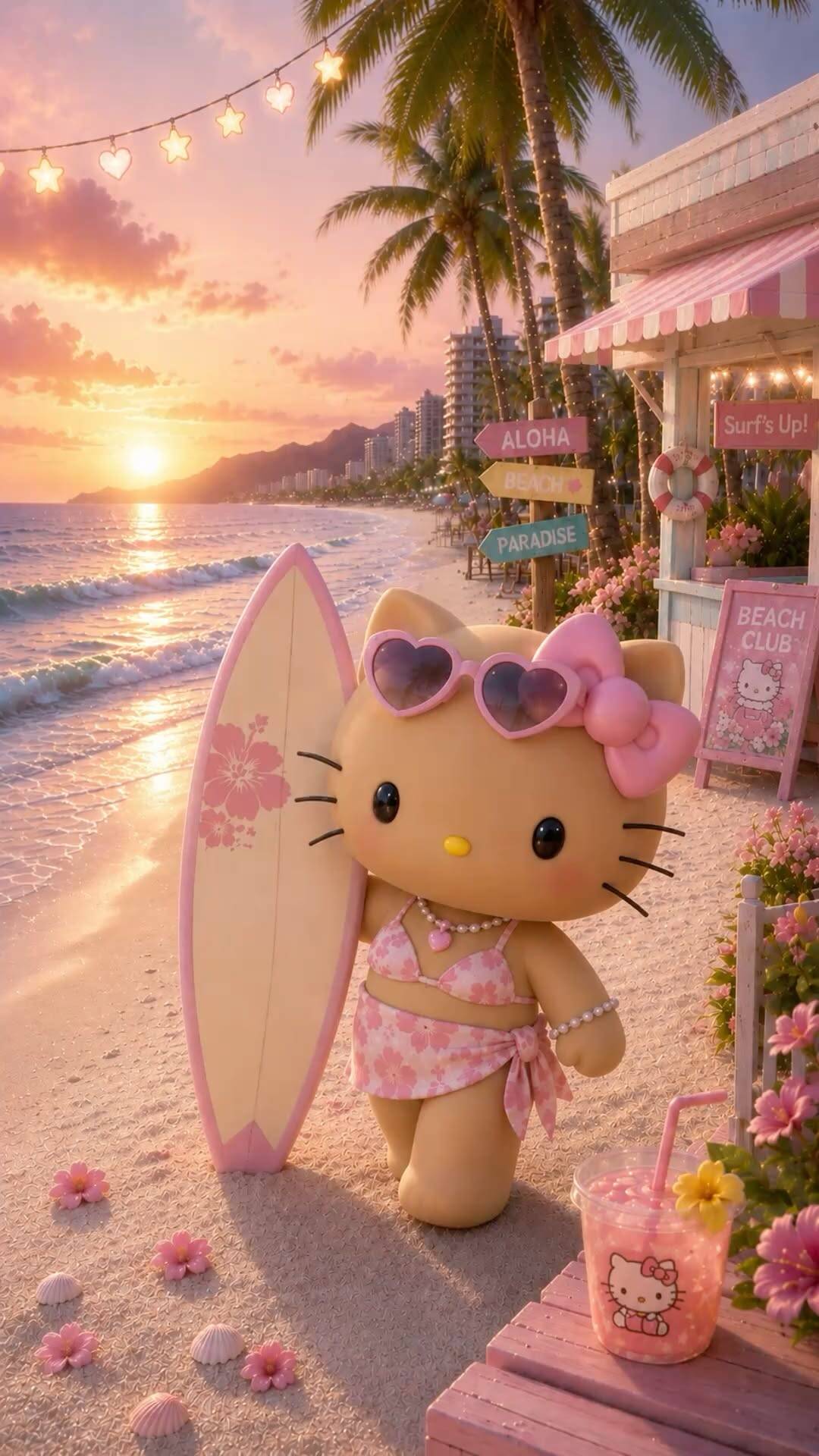 Foto de Perfil da Hello Kitty na Praia com Óculos de Sol e Surfboard