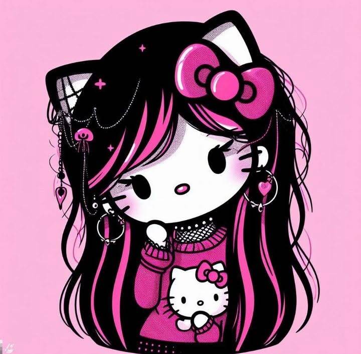Pfp Profile Picture of Stylish Hello Kitty with Pink Hair and Bow