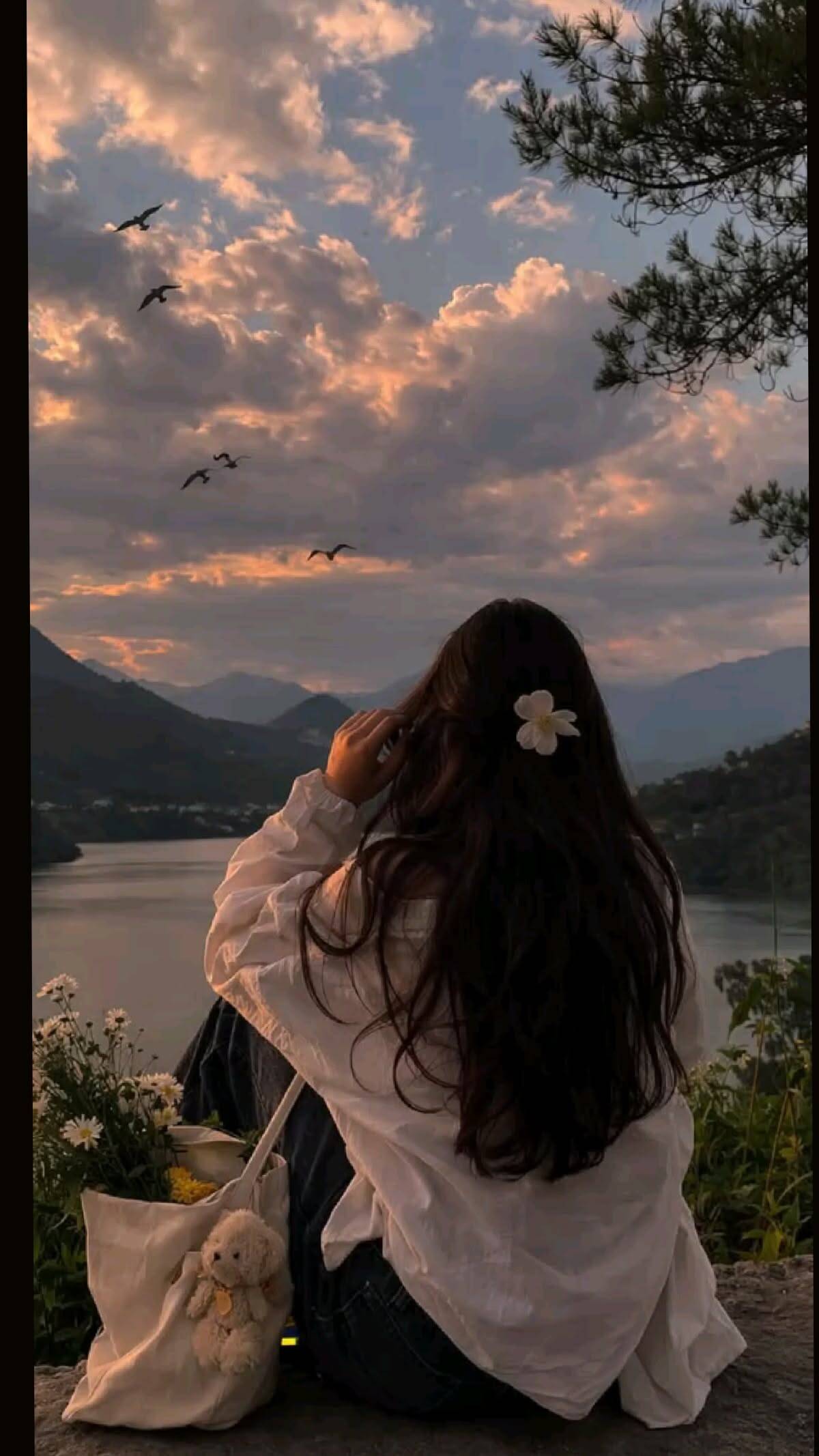 Foto de Perfil Aesthetic ao Pôr do Sol com Flores e Montanhas