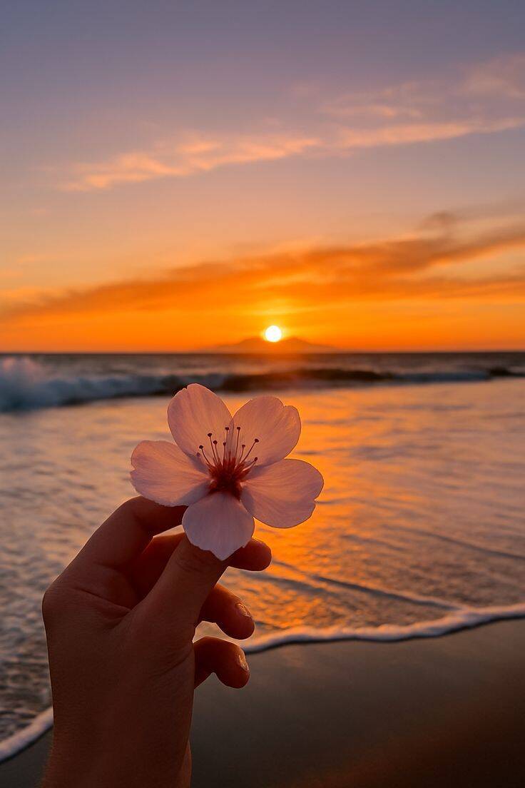 Foto de Perfil Aesthetic com Flor e Pôr do Sol na Praia