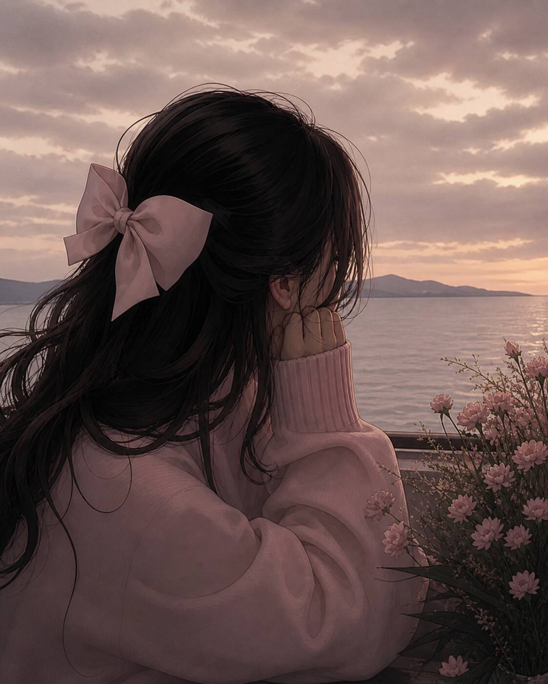Foto de Perfil Aesthetic com Cabelo Solto e Laço Rosa ao Pôr do Sol