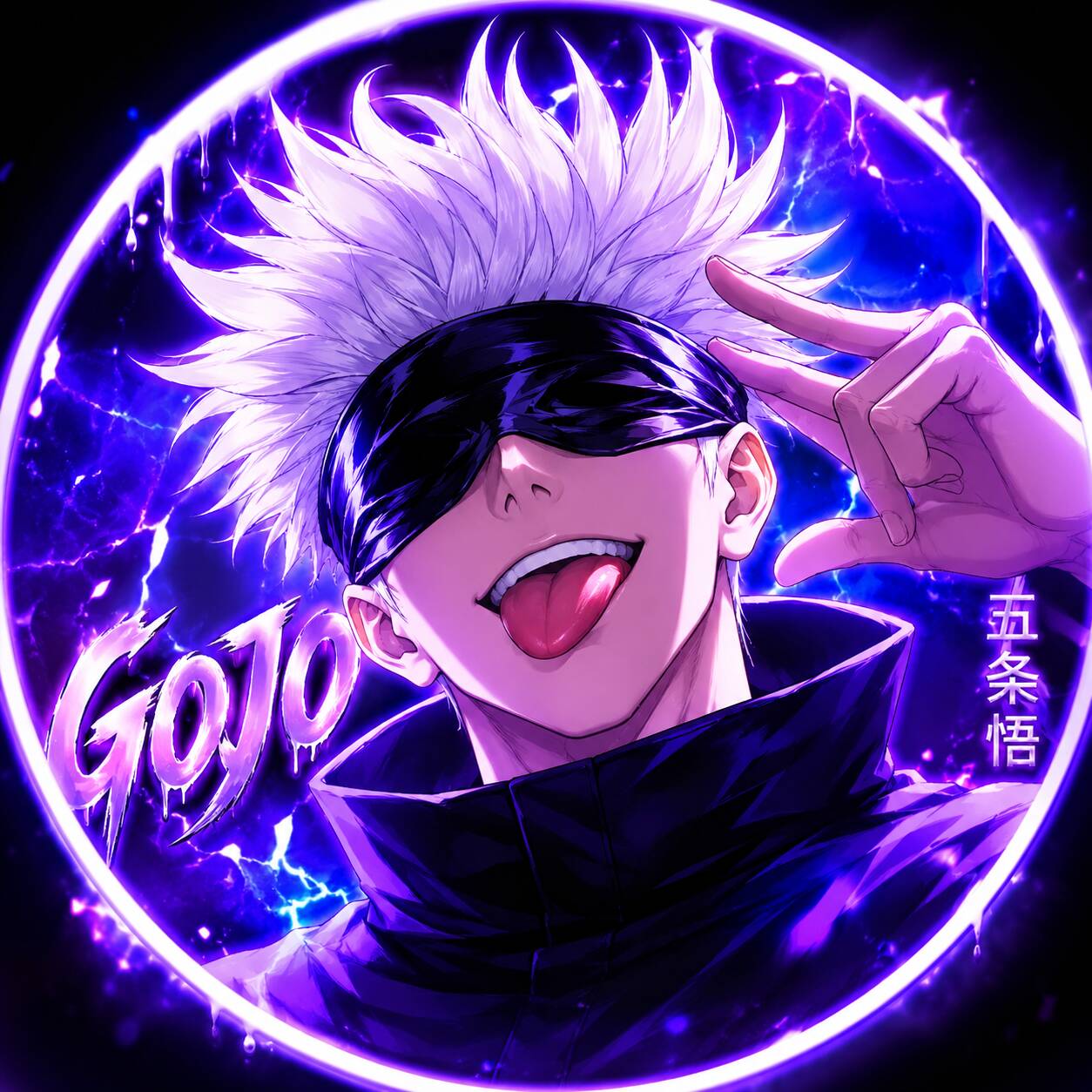 Foto de Perfil do Satoru Gojo com Língua de Fora e Fundo Roxo