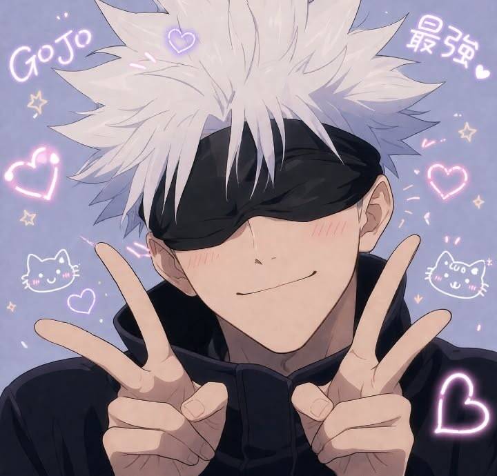 Foto de Perfil do Satoru Gojo com Sorriso e Mãos em Paz
