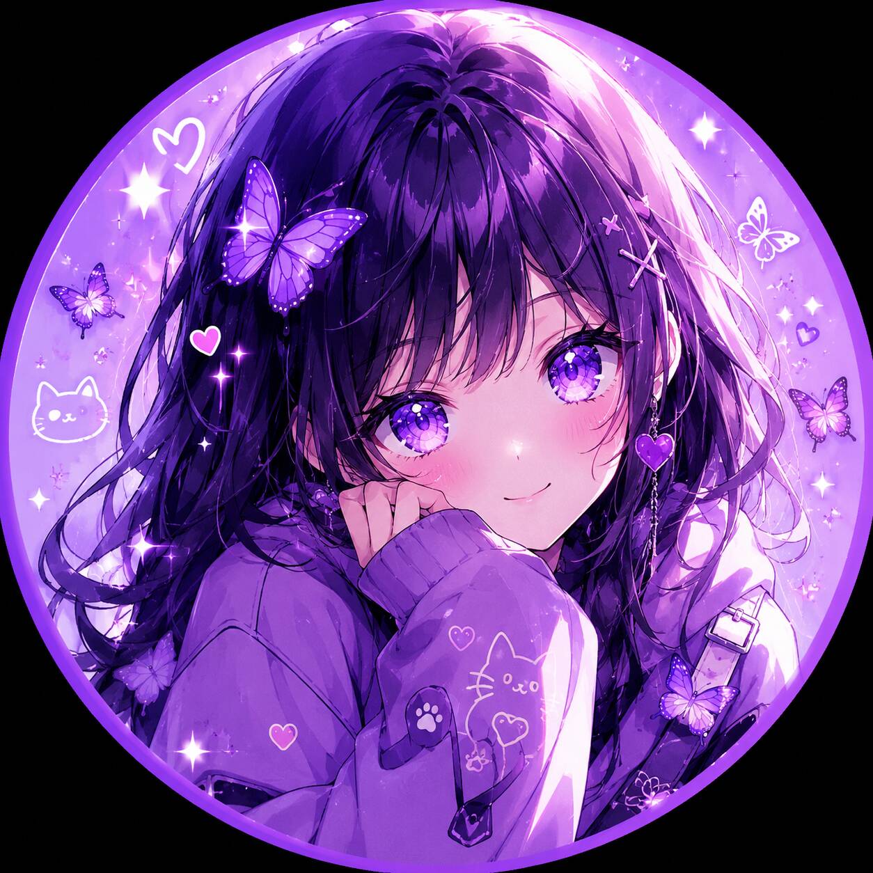 Foto de perfil morada con mariposas y ojos brillantes