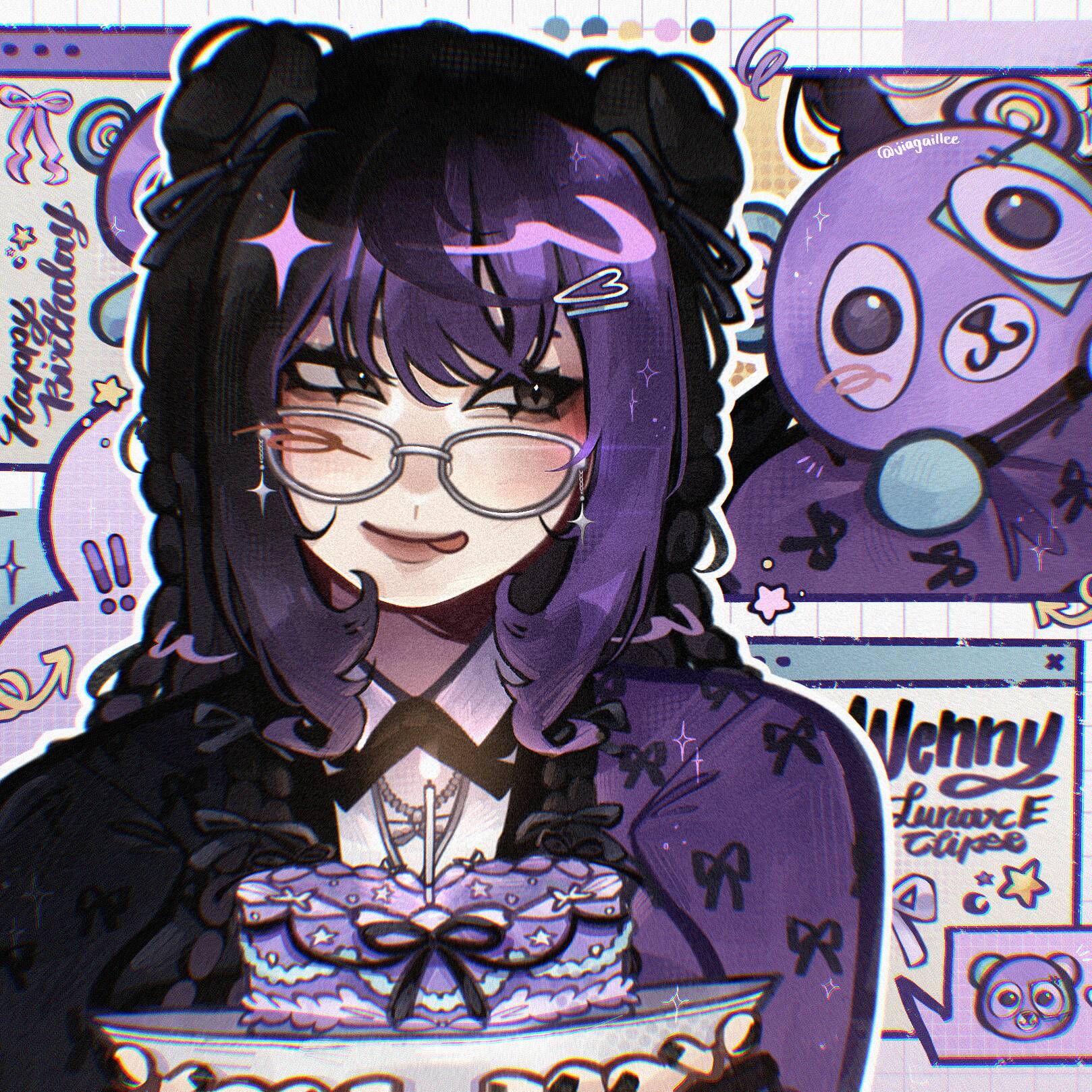 Foto de perfil morada de niña con gafas y pastel