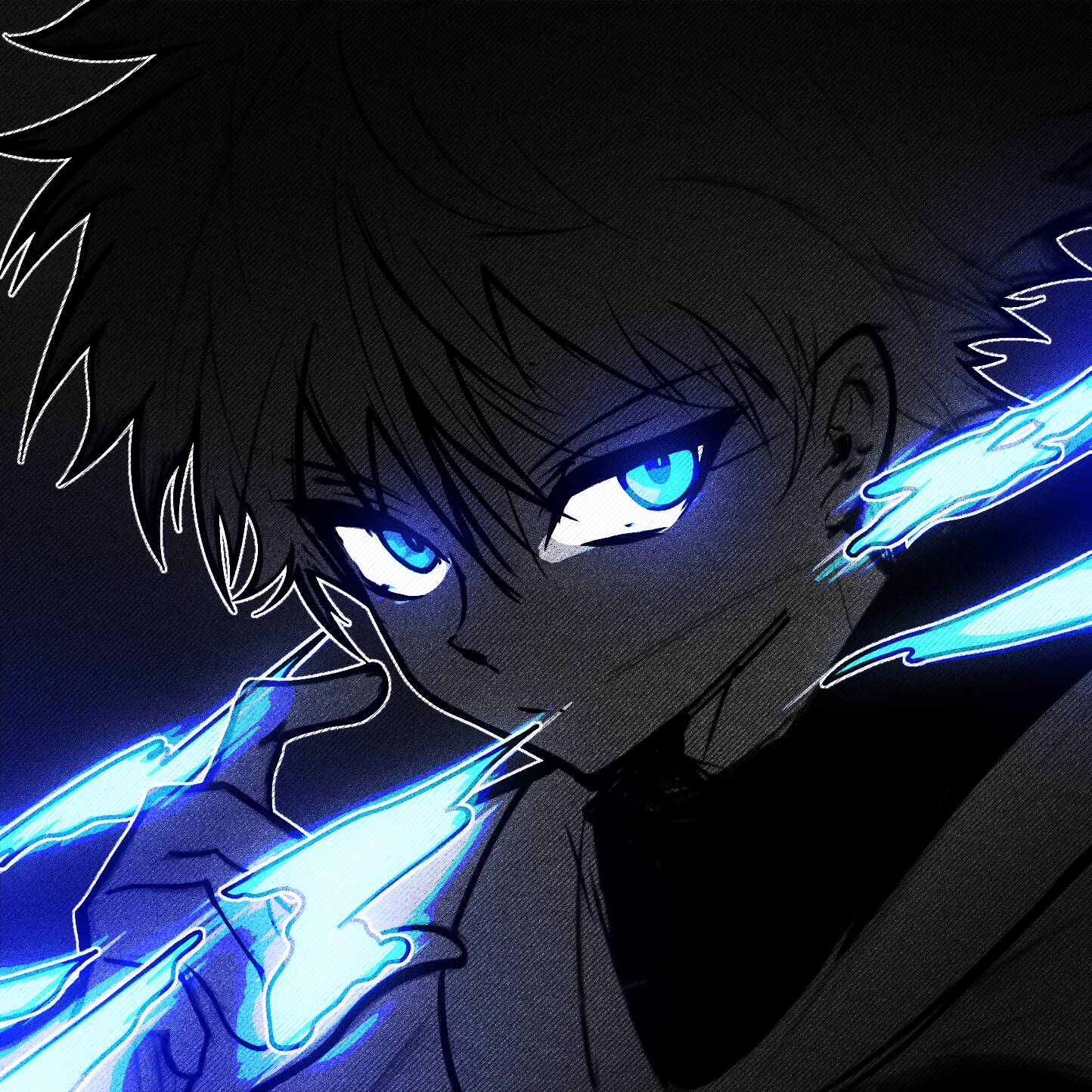 Foto de perfil de Killua con ojos azules y aura de relámpago
