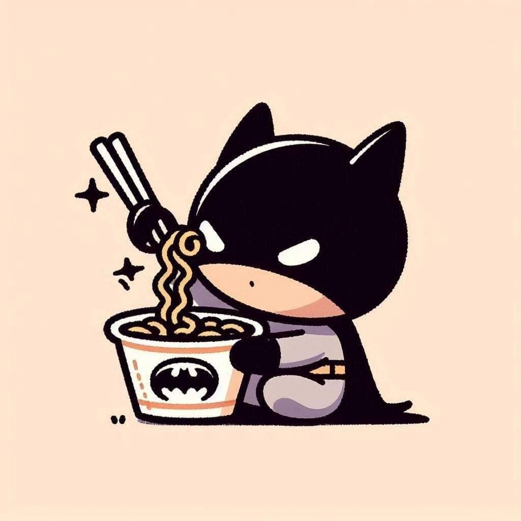 Foto de perfil del lindo Batman con un tazón de fideos