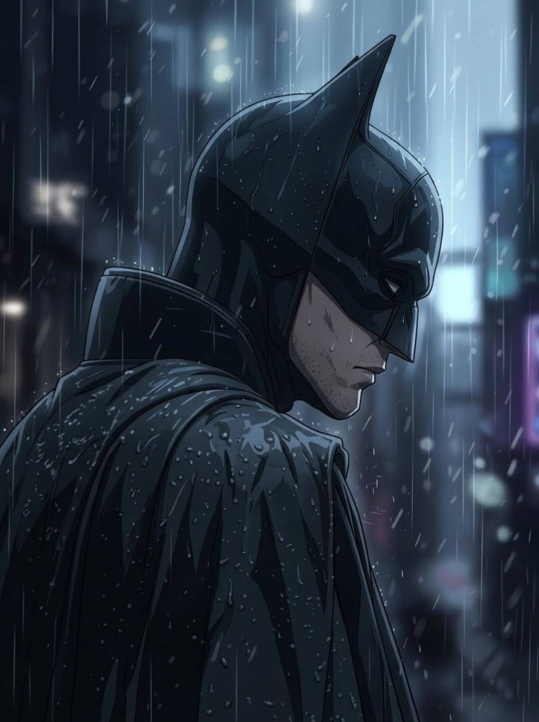 Foto de perfil de Batman bajo la lluvia
