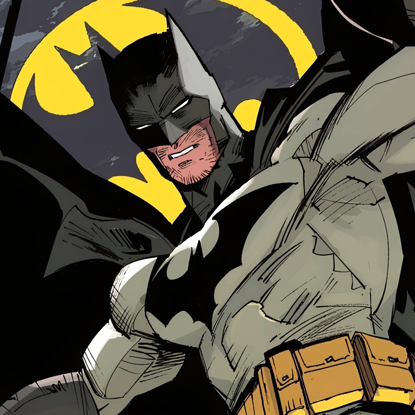 Foto de perfil de Batman con el letrero del murciélago de fondo