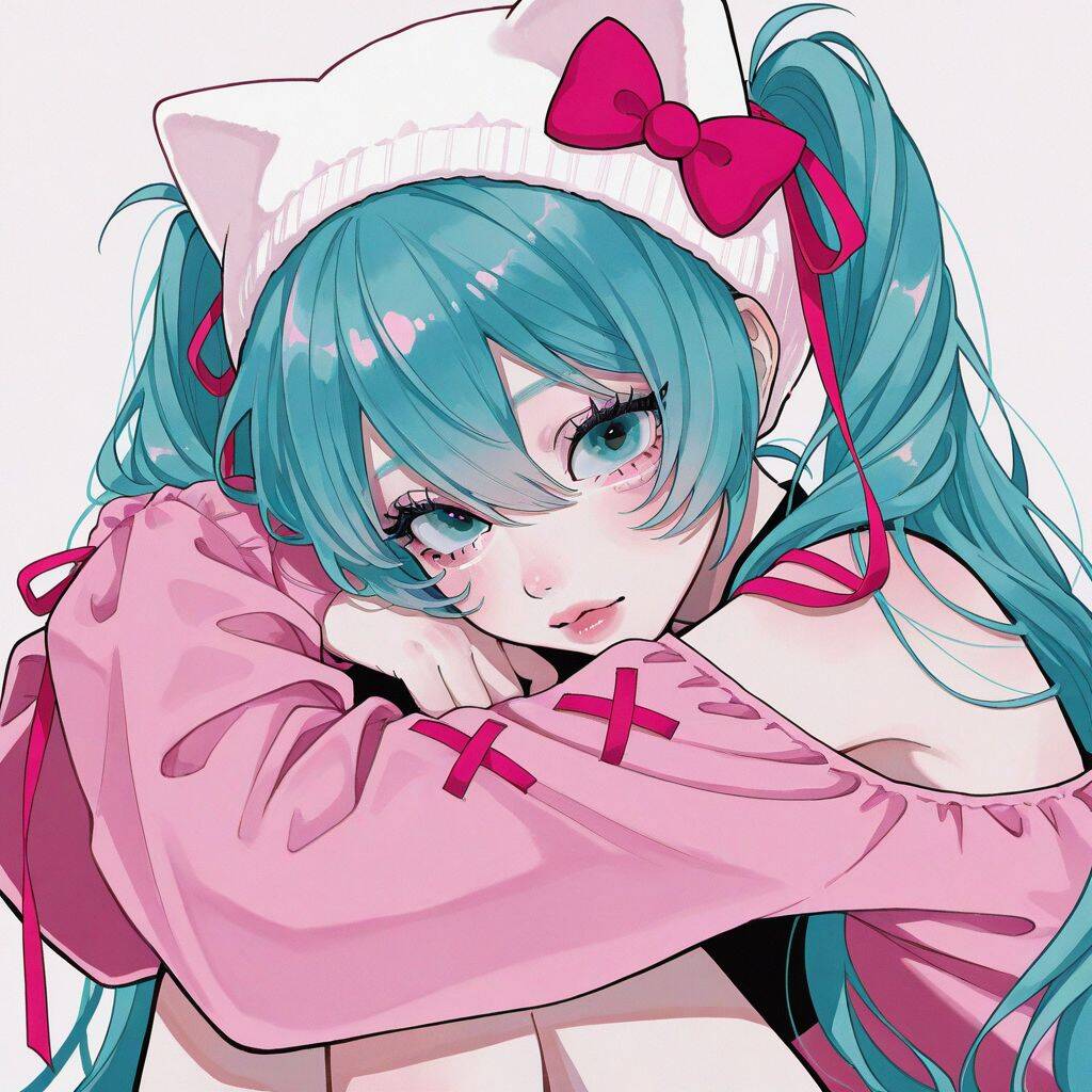 Pfp Profile Picture of Hatsune Miku with Blue Hair and Kitten Hat
