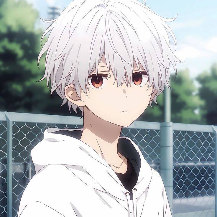 Foto de perfil de chico anime con cabello blanco y ojos rojos