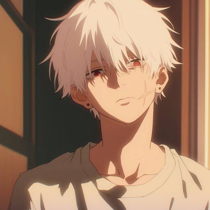 Foto de perfil de chico anime con cabello blanco y ojos rojos