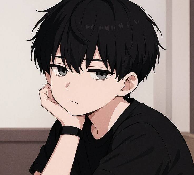 Foto de perfil de chico anime con cabello negro y expresión triste