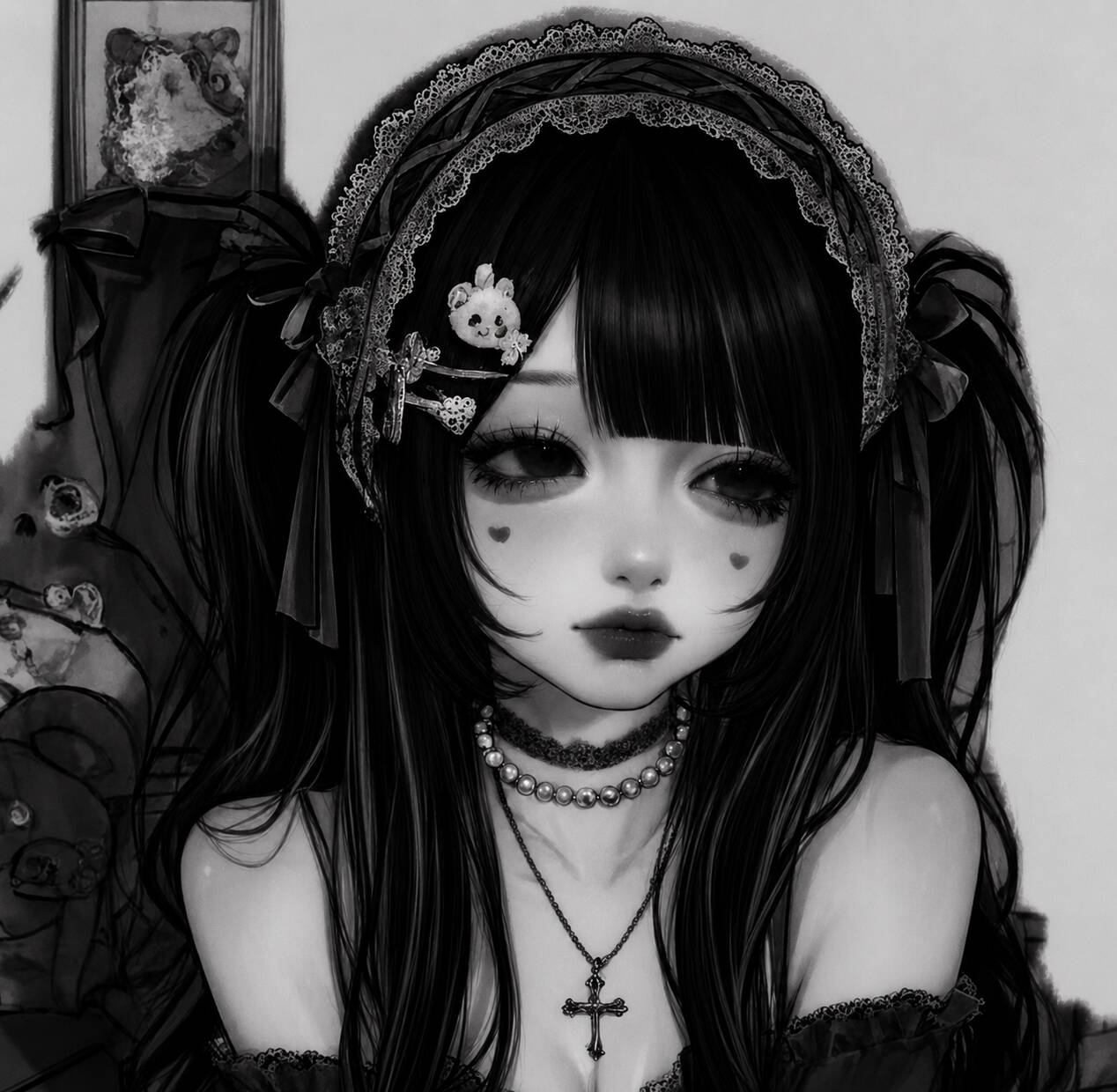 Emo Pfp Profile Picture of Girl with Black Hair and Bows