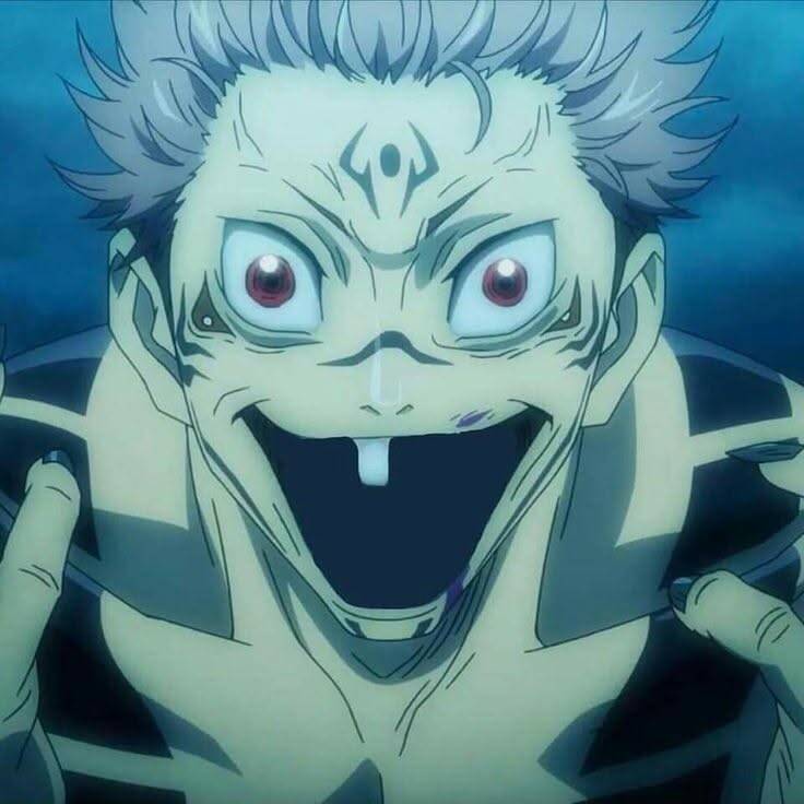 Foto de perfil de chico anime con ojos rojos y sonrisa malvada