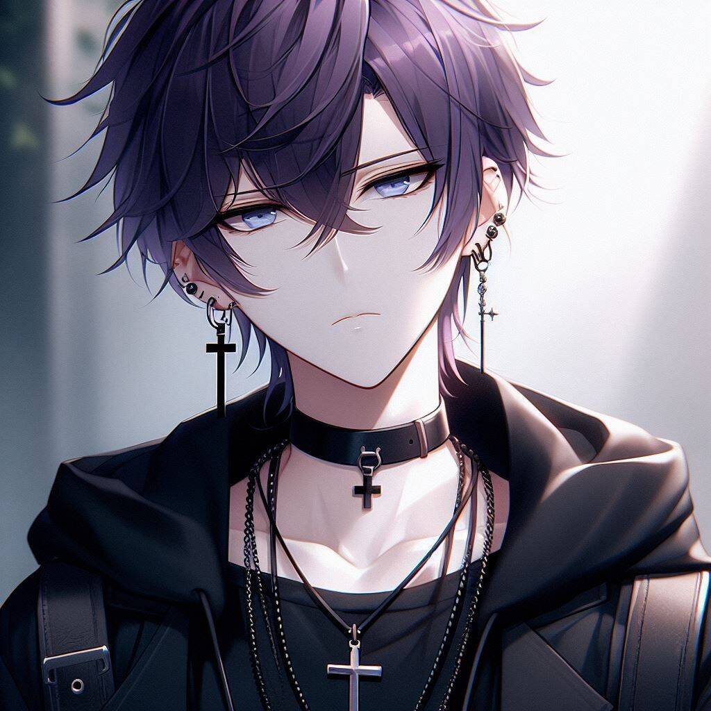 Foto de perfil de chico anime con cabello morado y collar de cruz