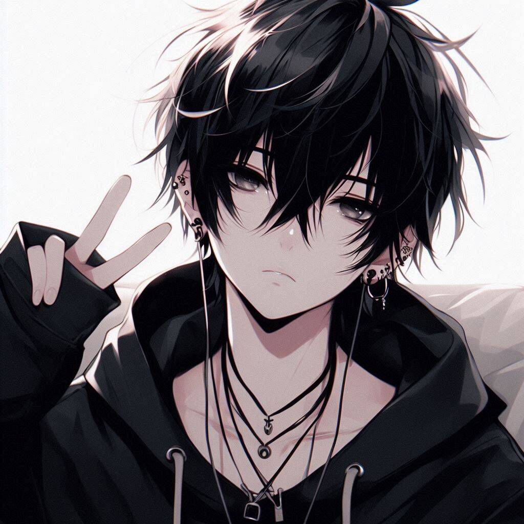 Foto de perfil de chico anime con cabello negro y símbolo de paz