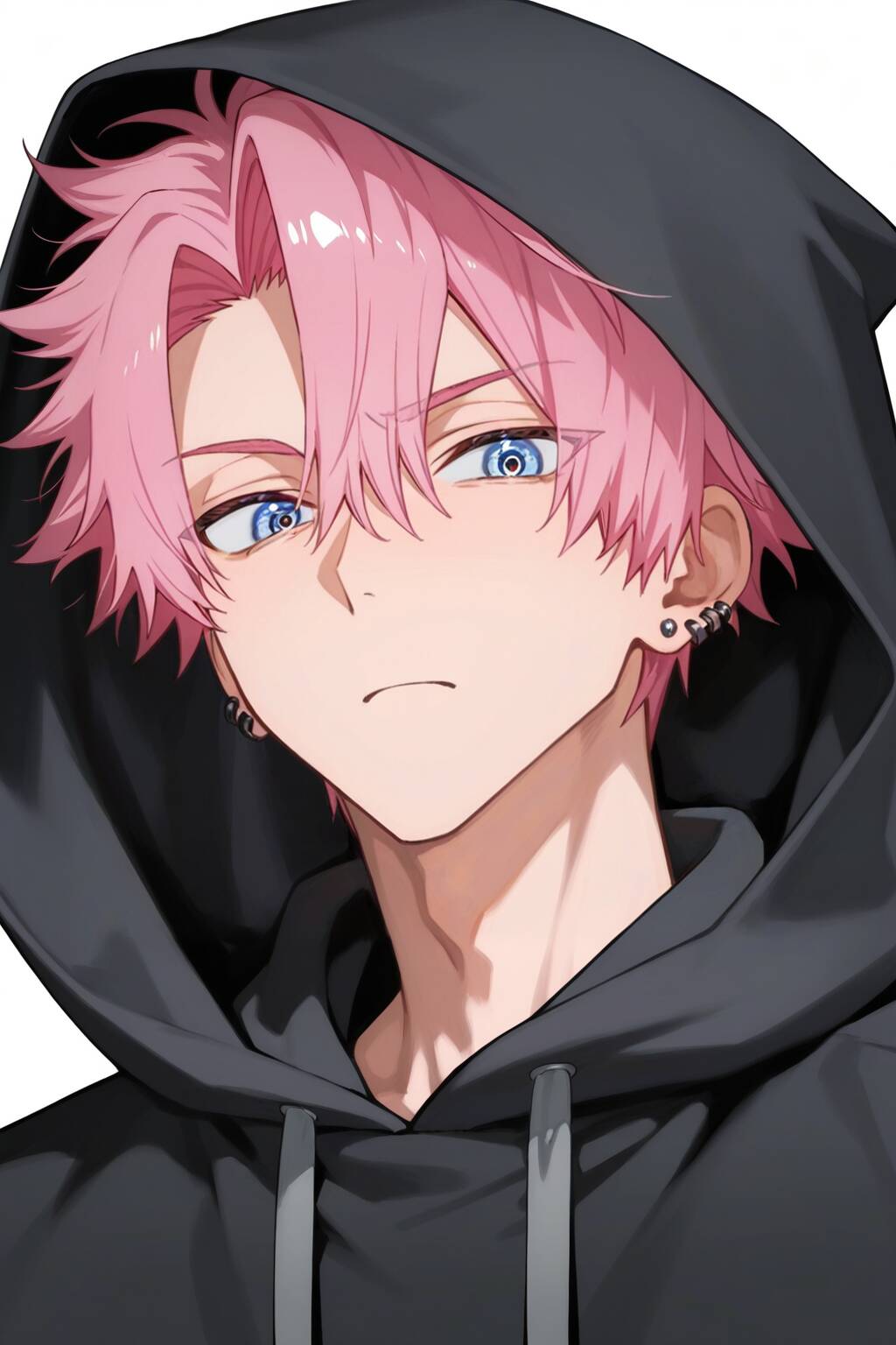 Foto de perfil de chico anime con cabello rosado y sudadera con capucha negra