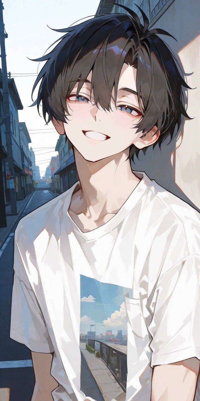 Foto de perfil de un chico anime sonriente con cabello negro