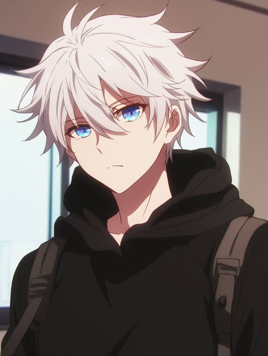 Foto de Perfil de Anime Boy com Cabelo Branco e Moletom Preto