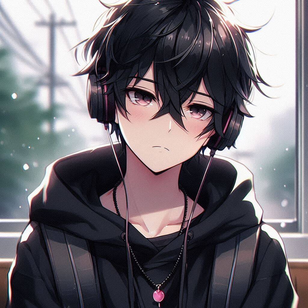 Foto de Perfil de Anime Boy com Fones de Ouvido e Cabelo Preto