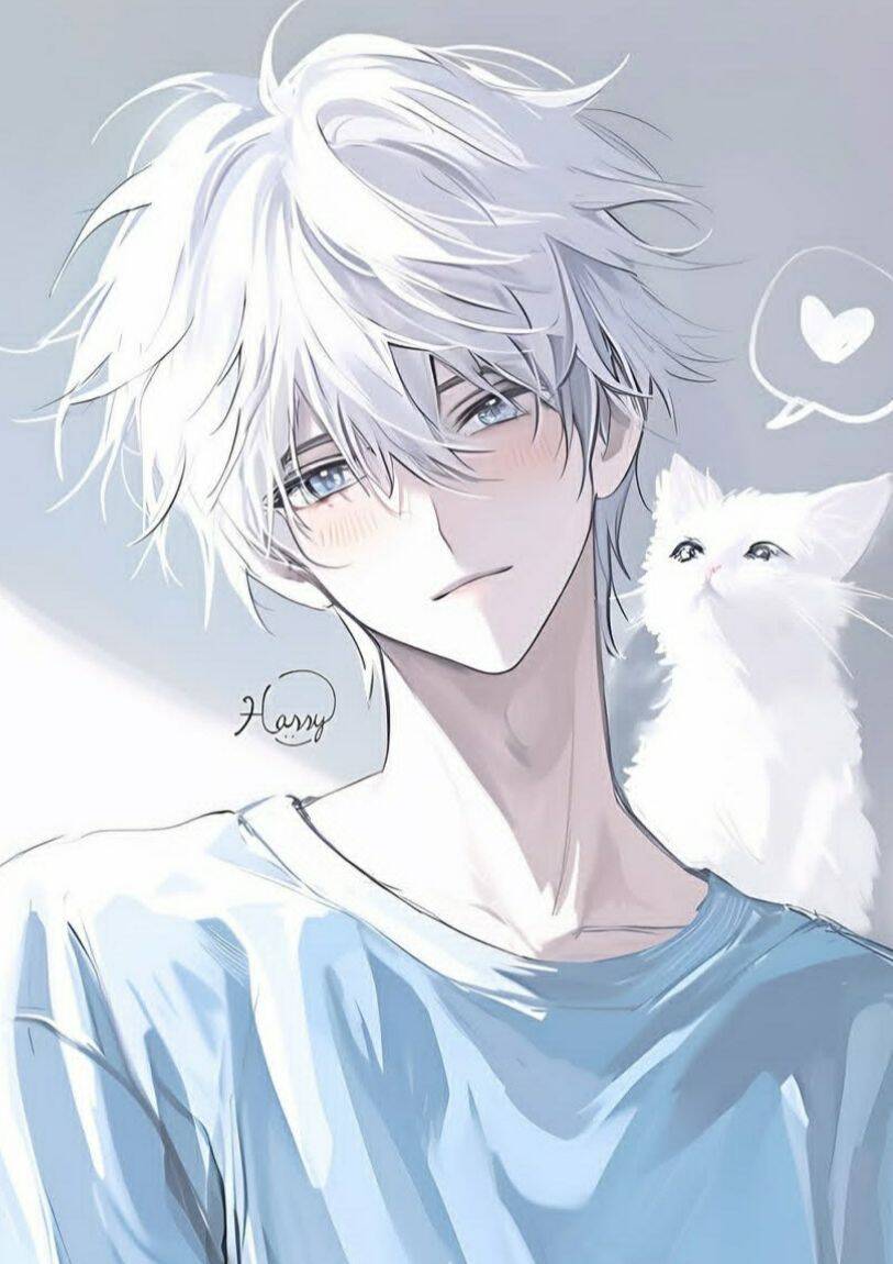 Foto de perfil de chico anime con pelo blanco y gato