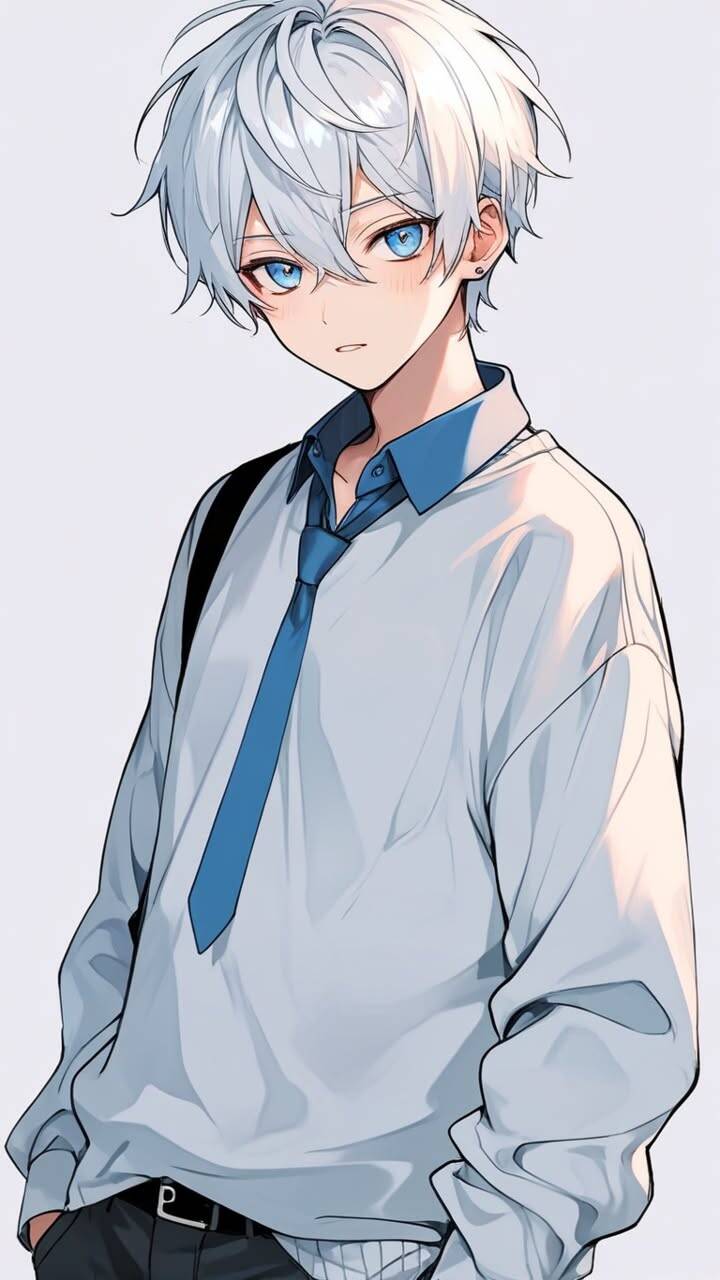 Foto de perfil de chico anime con cabello blanco y ojos azules