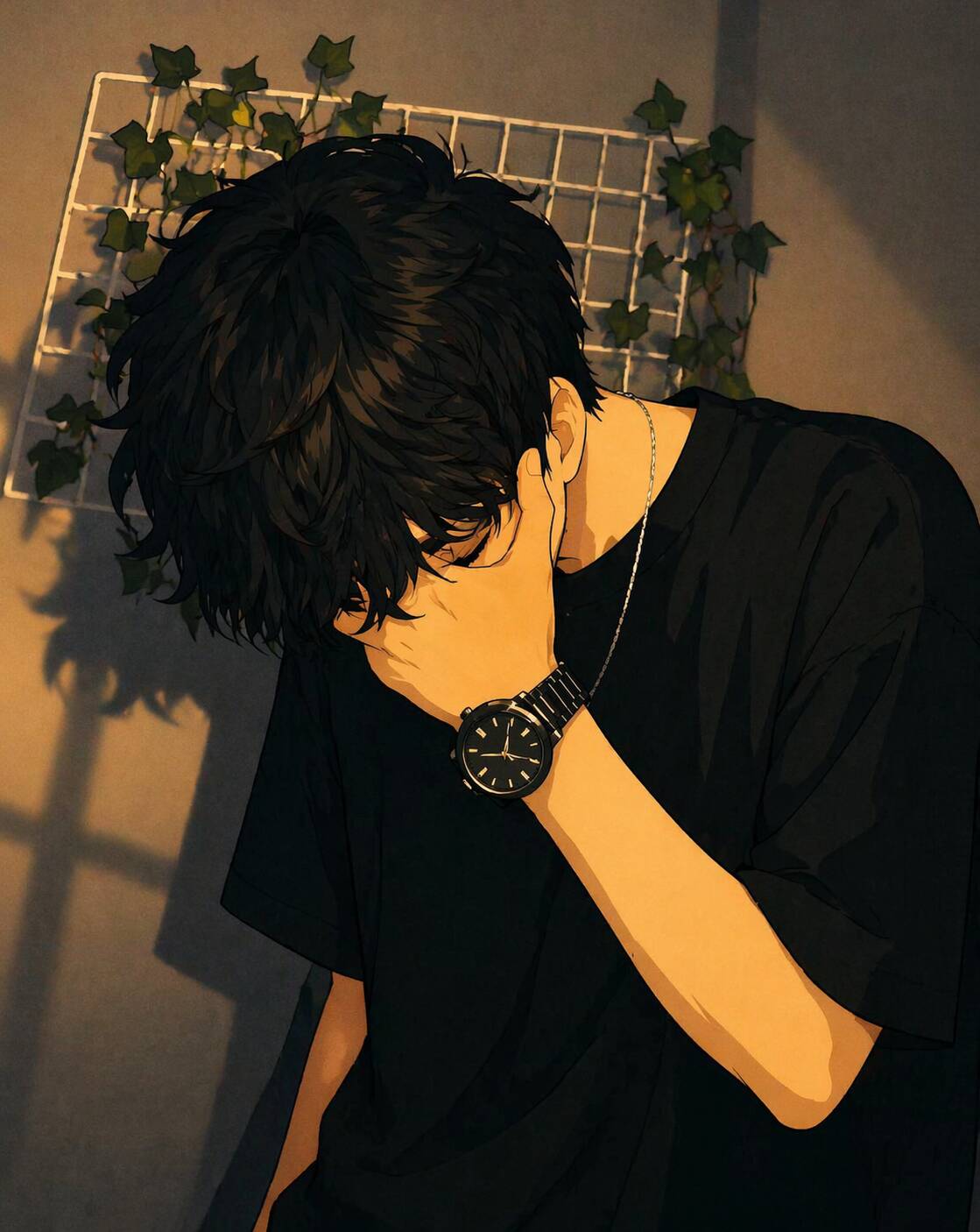 Foto de perfil de chico anime con la mano en la cara