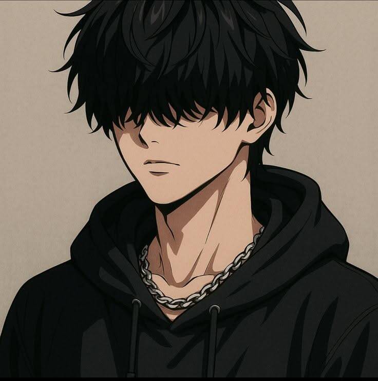 Foto de perfil de chico anime con cabello negro y capucha