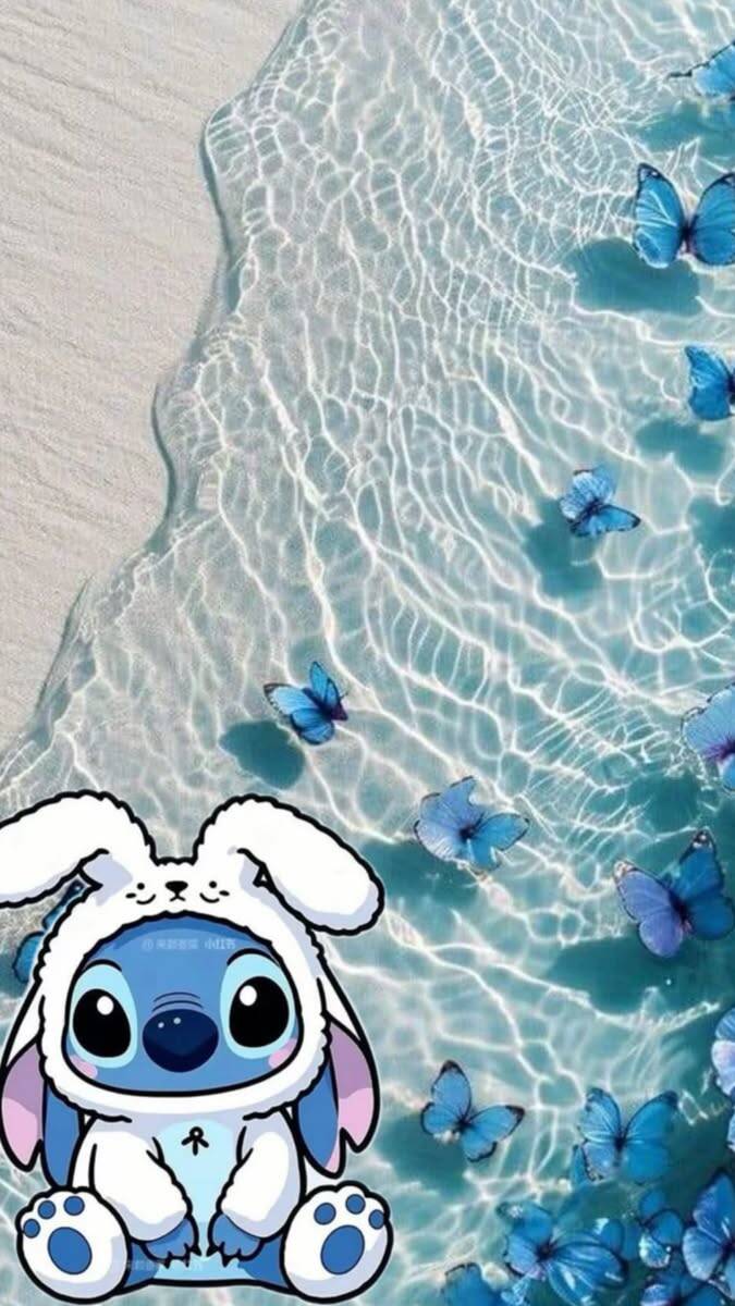 Papel de Parede do Stitch Fofo com Borboletas Azuis para Celular/iPhone 4K