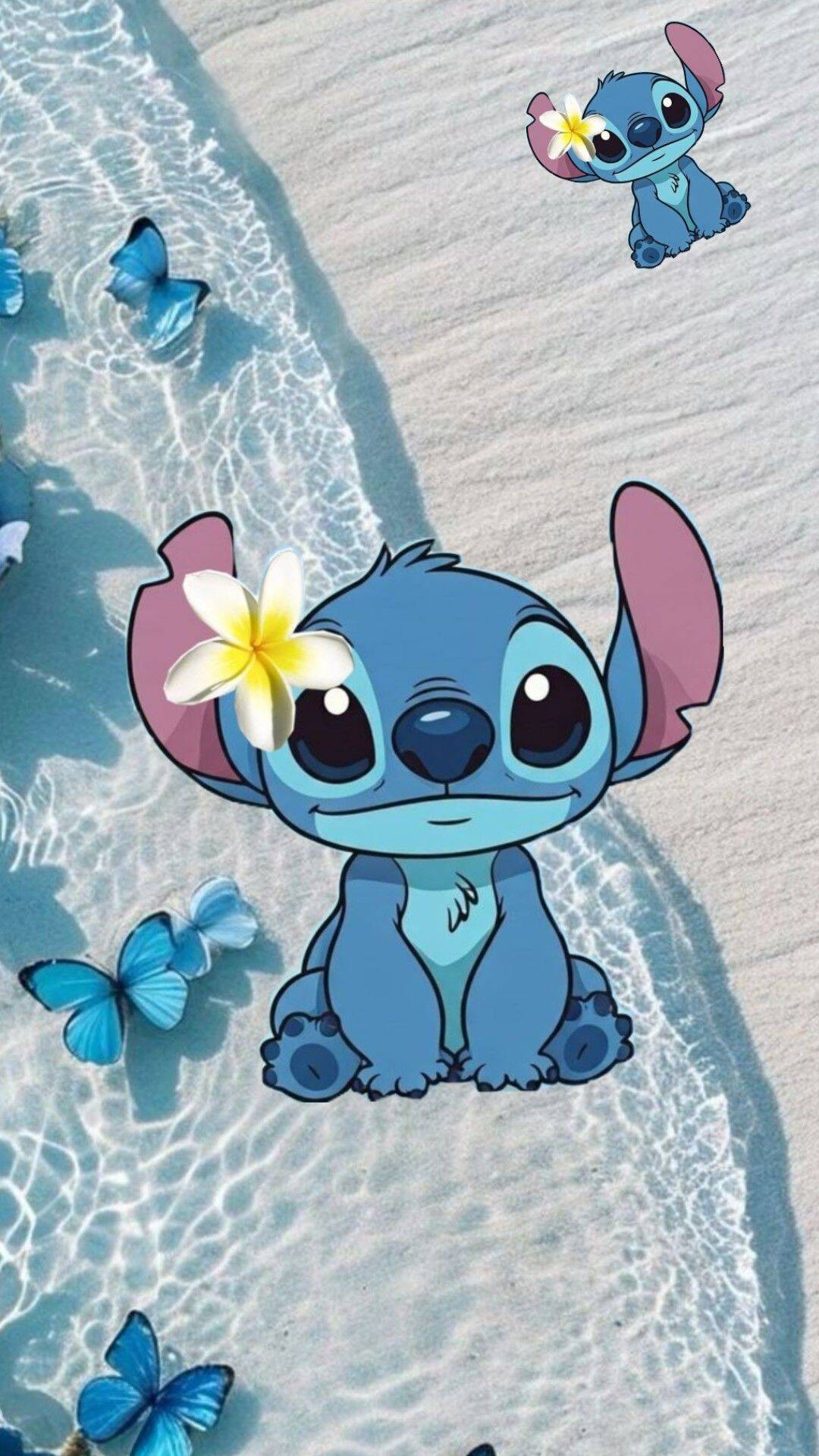 Papel de Parede do Stitch Fofo com Borboletas na Praia para Celular/iPhone 4K