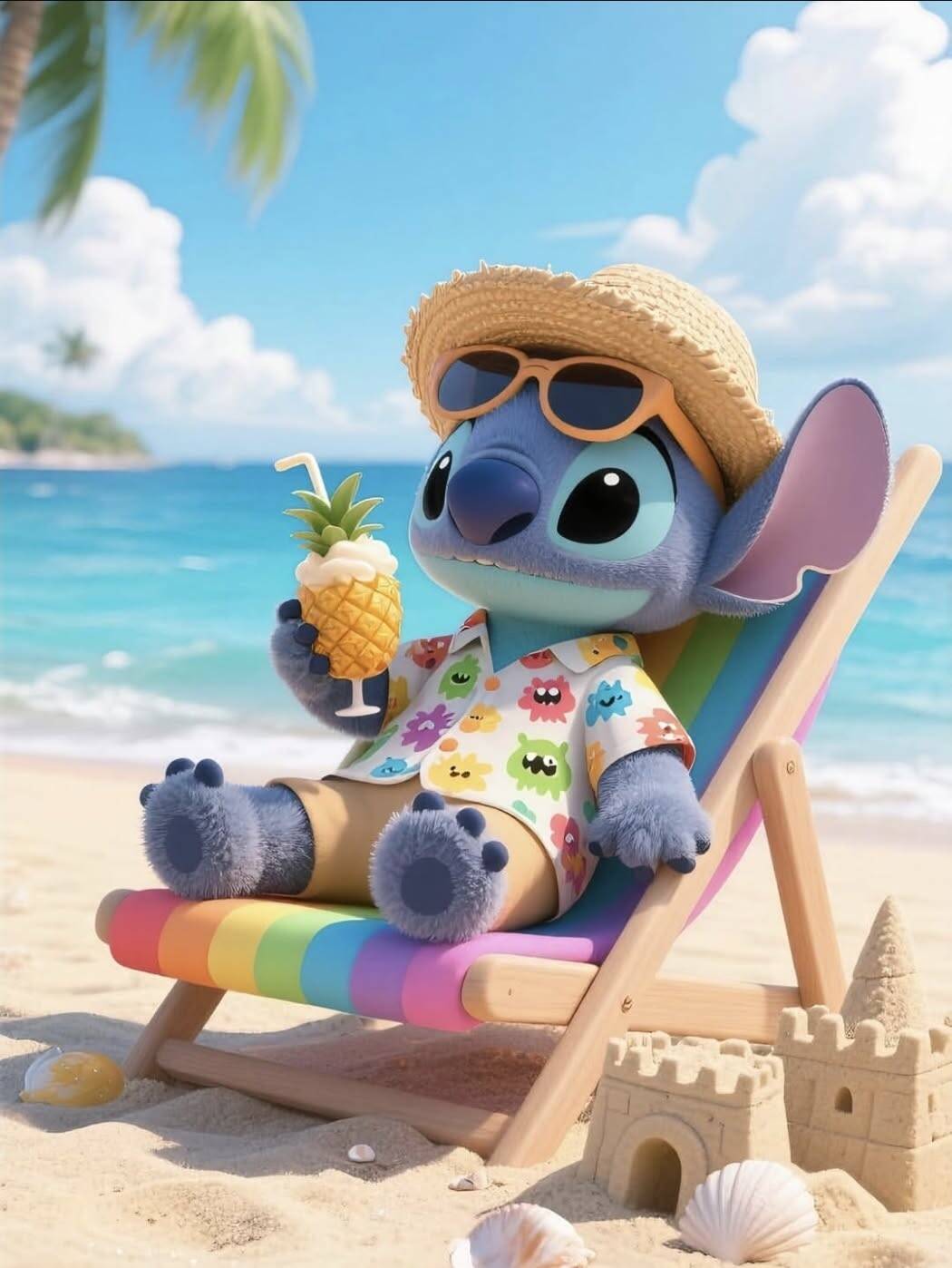 Papel de Parede do Stitch Relaxando na Praia com Abacaxi para Celular/iPhone 4K