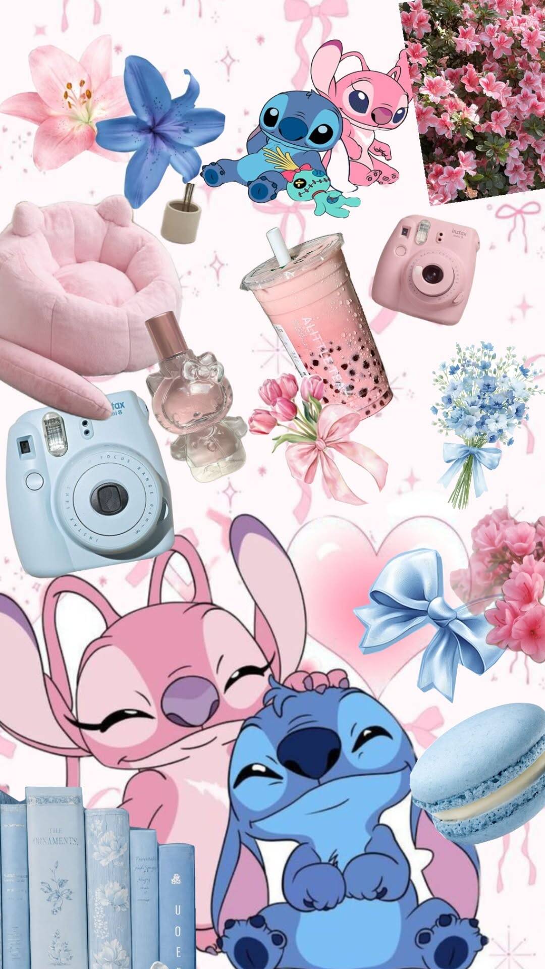 Fondo de Pantalla de Stitch y Ángel con Flores y Colores para Celular/iPhone 4K