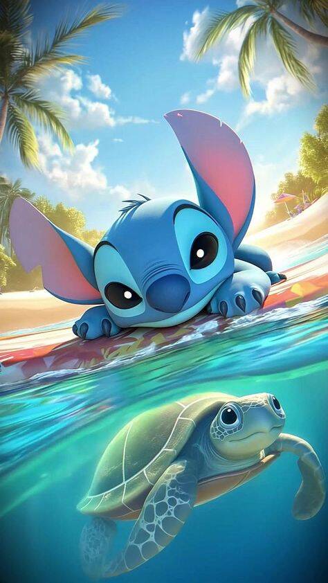 Fondo de Pantalla de Stitch Surfeando con Tortuga para Celular/iPhone 4K