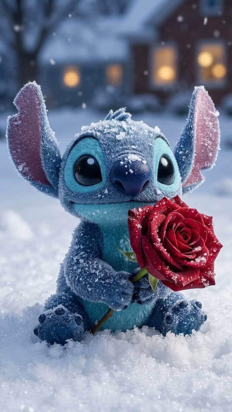 Lindo Fondo de Pantalla de Stitch con Rosa en la Nieve para Móvil/iPhone 4K